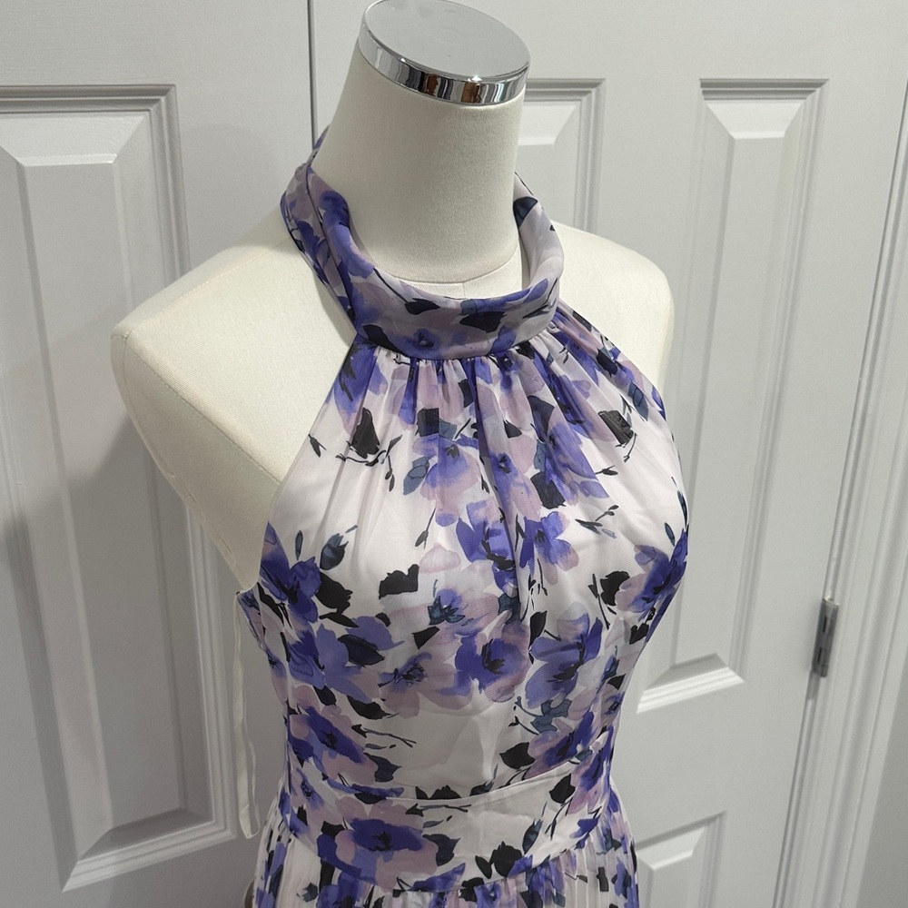 Eliza J Purple Floral Halter Tie Pleated Wedding Guest Party Maxi Dress Size 8 - Picture 4 of 16